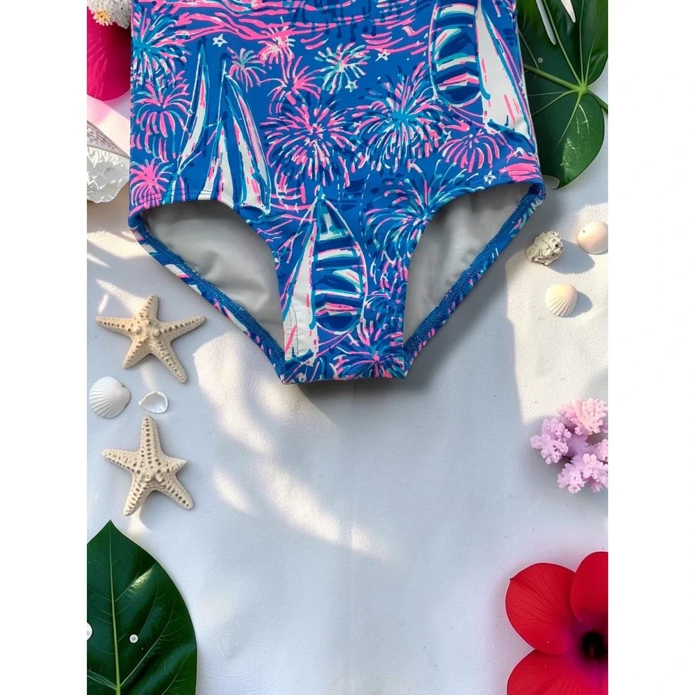 Lilly Pulitzer Girls One Piece Swimsuit Blue Pink Sailboat Palm Tree Print Sz 2
